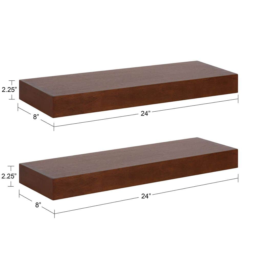 Mid-Century Modern Walnut Brown Solid Wood Floating Shelves, Set of 2