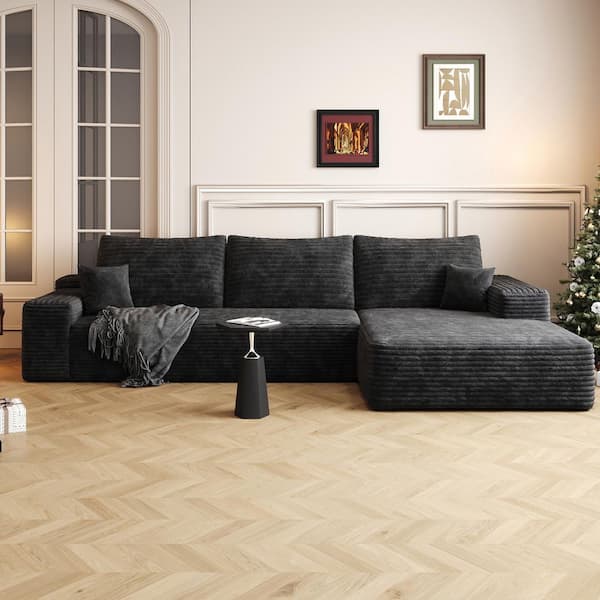 Modern Comfort Collection 107 in. Square Arm 3-Piece Corduroy L-Shape Deep Seat Upholstered Sectional Sofa in Black