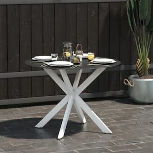 Circi Collection, Black and White Round Metal Outdoor Dining Table with Glass Top