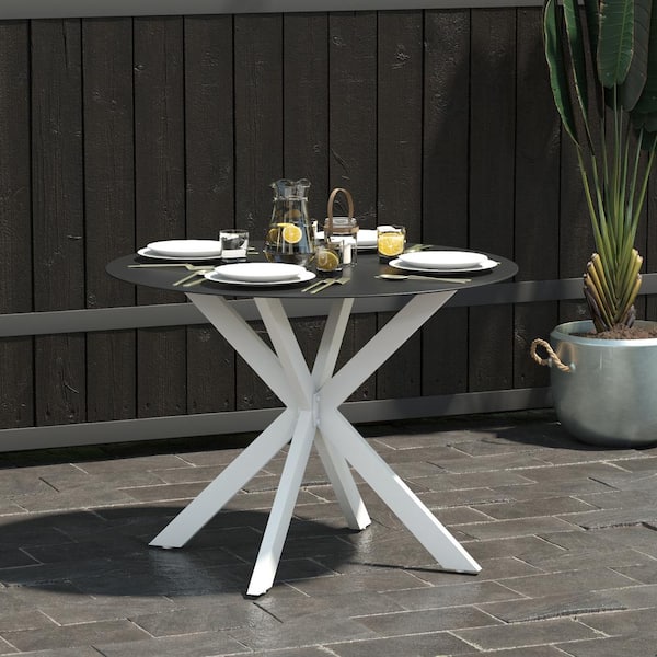Novogratz Circi Collection, Black and White Round Metal Outdoor Dining Table with Glass Top