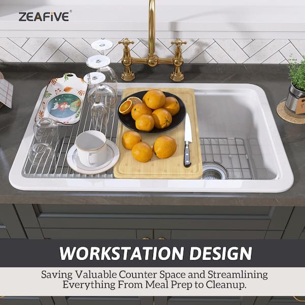Zeafive Sino 33 in. Drop-In/Undermount Single Bowl White Fireclay
