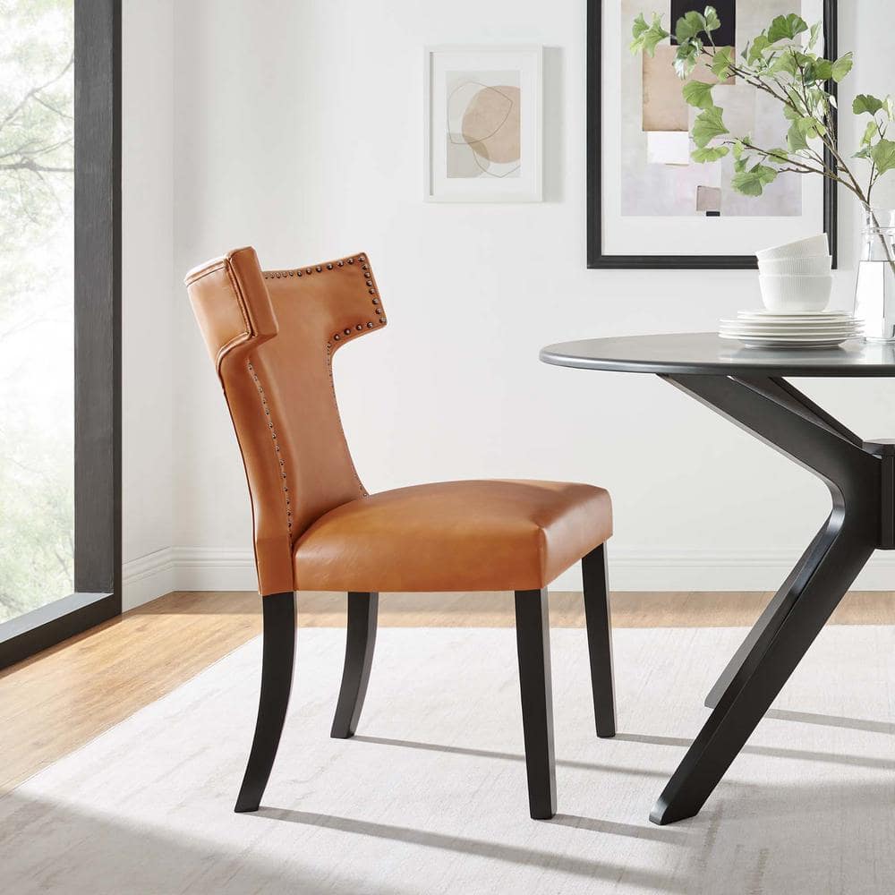 Tan Vegan Leather Upholstered Side Chair with Wood Legs
