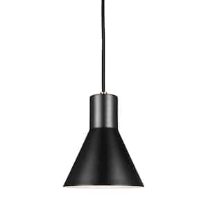 Towner 1-Light Satin Brass Accents Pendant with Black Shade LED Bulb