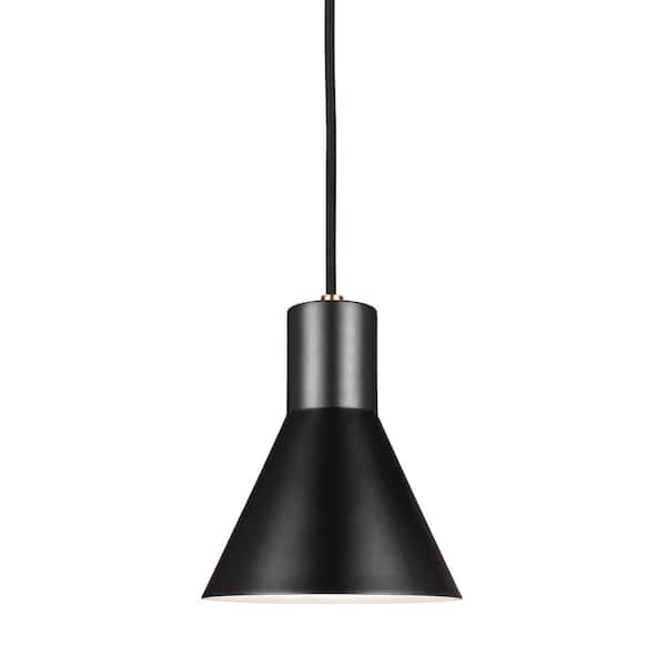 Generation Lighting Towner 1-Light Satin Brass Accents Pendant with Black Shade LED Bulb