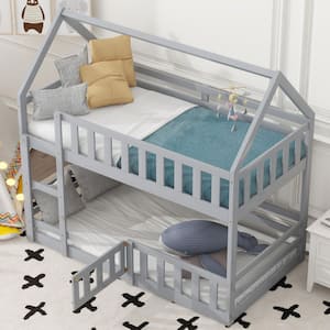 Gray Twin over Twin Wood House Bunk Bed with Roof, Safety Fence Bedrail with Door