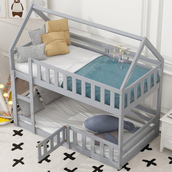 Harper & Bright Designs Gray Twin over Twin Wood House Bunk Bed with ...