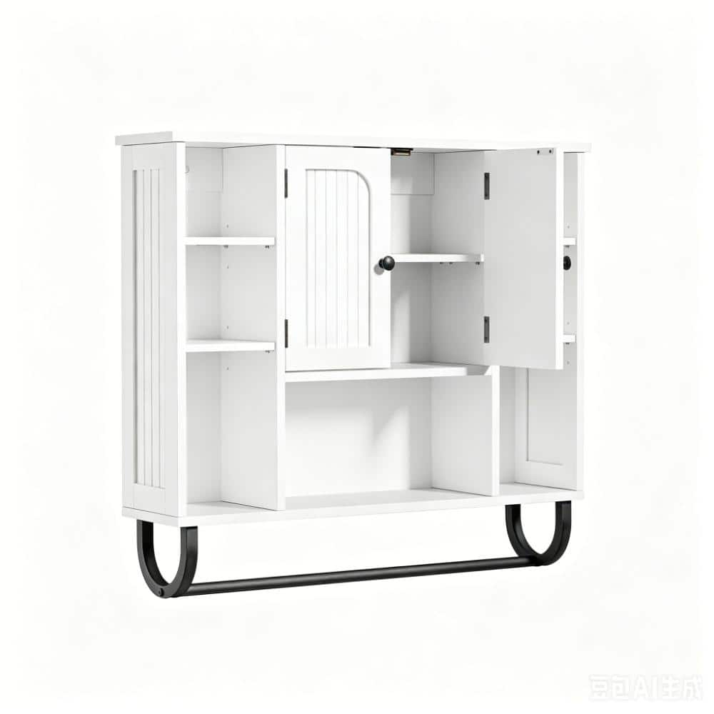 White Wall Mounted Storage Cabinet, Large Capacity Multi-Functional Wall Cabinet with Adjustable Shelves & Towel Bar