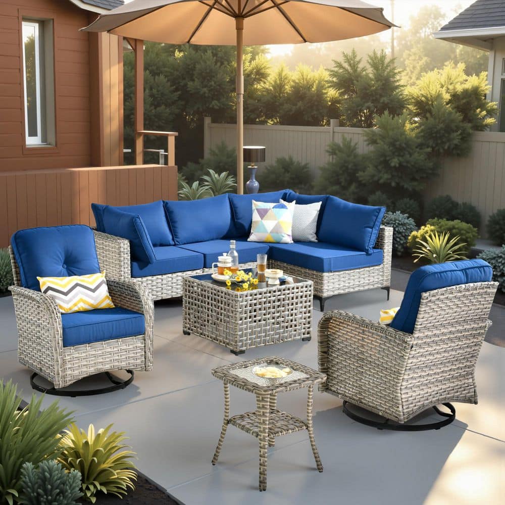 Unicorn 8 Pieces Wicker Outdoor Patio Set and Swivel Rocking Chairs with Navy Blue Cushions price history on PriceWatchPro
