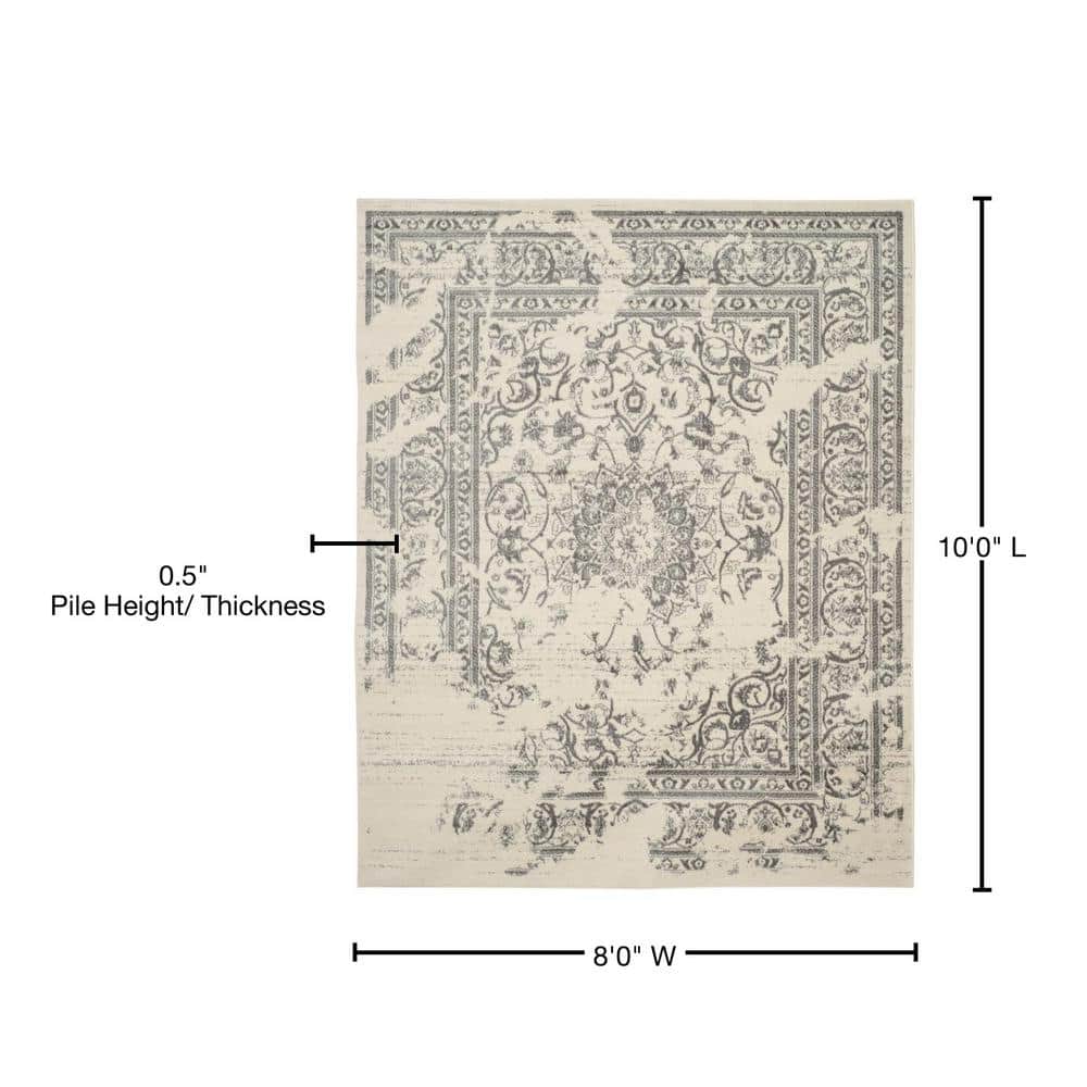 Ivory and Silver Synthetic 8' x 10' Easy-Care Rectangular Rug
