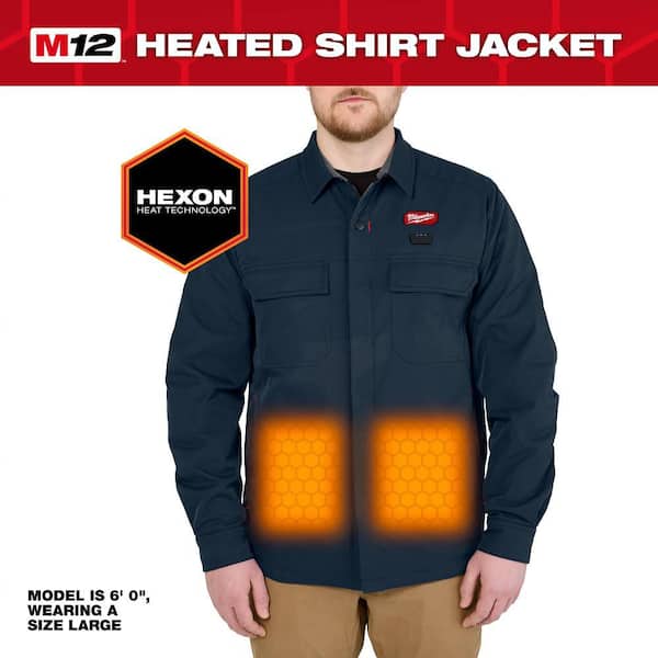 Men's Large M12 12-Volt Lithium Ion Cordless Heated Navy Shirt Jacket Kit with (1) 2.0 Ah Battery and Charger