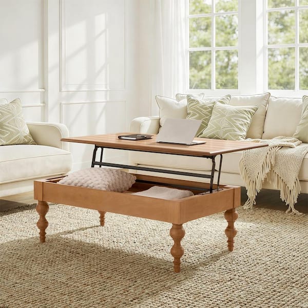 Emma 59.3 in. Acorn Lift Top 4 Legs Coffee Table with Storage Shelf and Solid Rubber Wood Legs