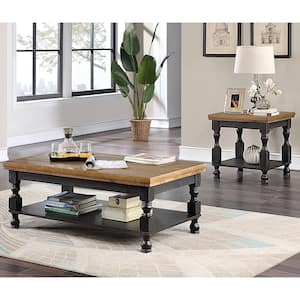 Heavenly 47.5 in. Antique Black and Oak Rectangle Wood Coffee Table Set with Open Shelf (2-Piece)