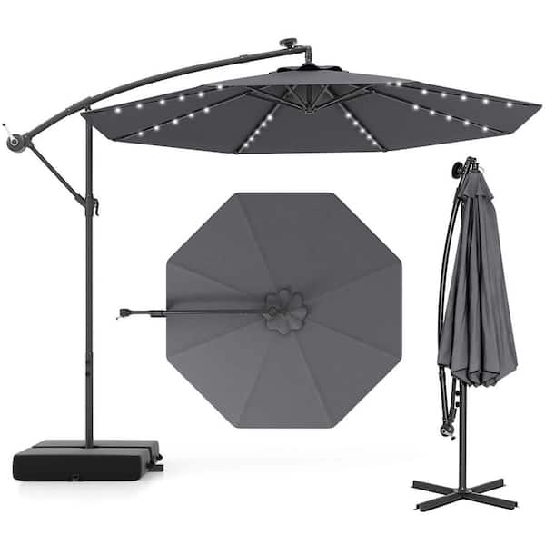 Costway 10 ft. Steel Hanging Offset Umbrella 32 LED Lights Sand Bag Cantilever Patio Umbrella in Dark Gray