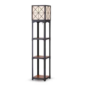 Vintage Iron 64 in. Black Shelf Floor Lamp with Hard Wood Shelves and Diamond X Pattern Shade