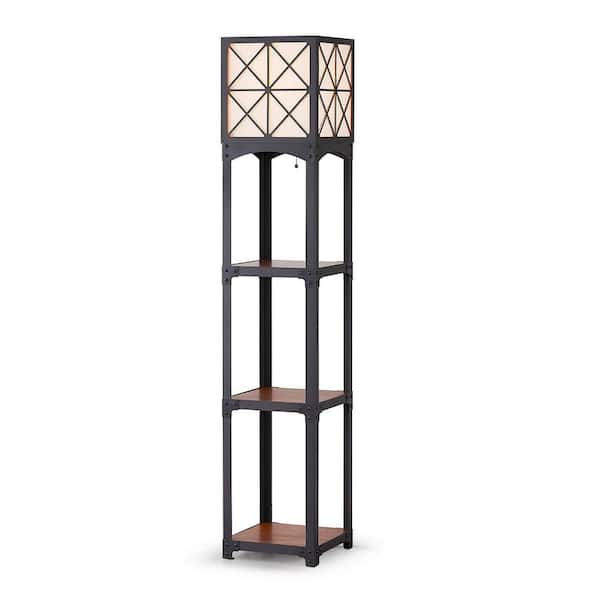 HomeGlam Vintage Iron 64 in. Black Shelf Floor Lamp with Hard Wood Shelves and Diamond X Pattern Shade