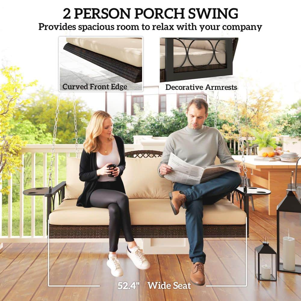 Brown Wicker Hanging Porch Swing with Beige Cushions and Steel Frame