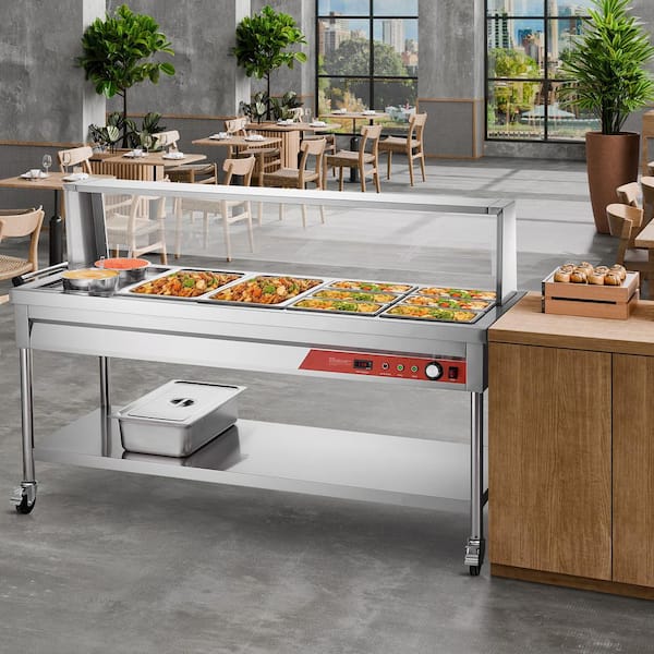 Commercial Food Warmer, 1800 Watt Electric Steam Table with 8-Pans and 2-Pots, Stainless Steel, with Undershelf Wheels