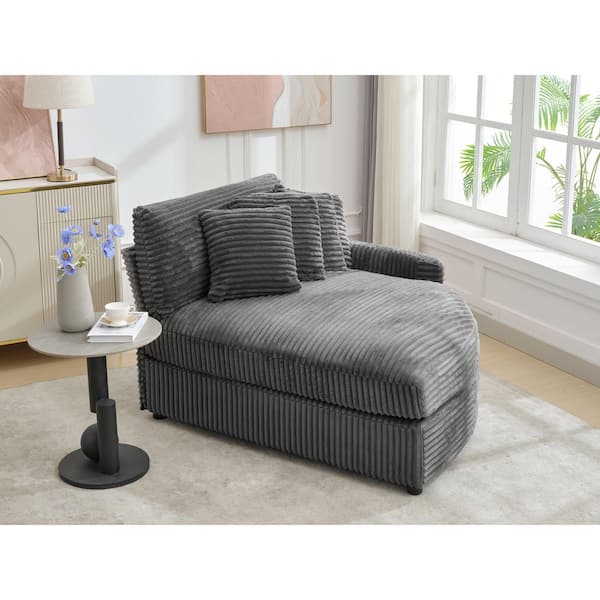 JEAREY Corduroy Dark Grey Upholstered Right Side Chaise Lounge with Pillow