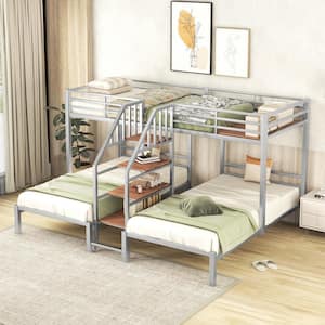 Silver Metal Twin Over Twin and Twin Bunk Bed, Triple Bunk Bed with Storage Shelves Staircase