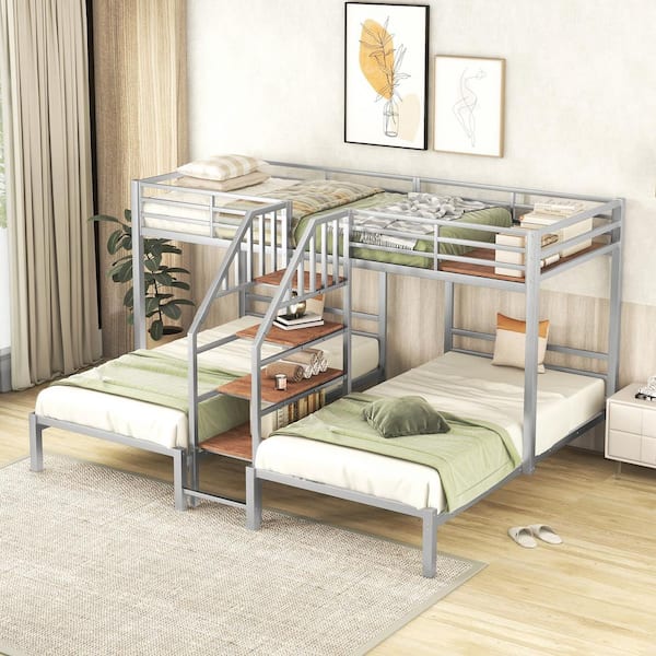Polibi Silver Metal Twin Over Twin and Twin Bunk Bed, Triple Bunk Bed with Storage Shelves Staircase