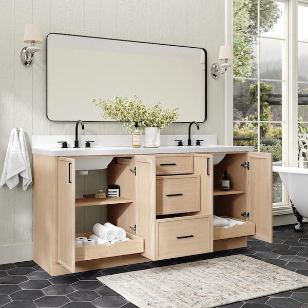 ARIEL Kelly 72 in. Double Sink Freestanding Bathroom Vanity in Oak