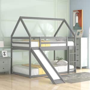 Gray Twin Over Twin House Shaped Bunk Bed with Slide, Wood Bunk Bed with Roof Low Bunk Beds for Boys and Girls