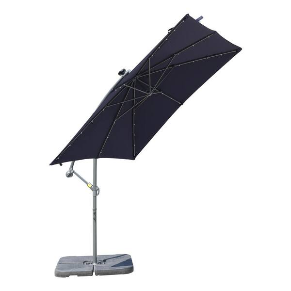 Mondawe 8.3 ft. Square Steel Pole Cantilever Patio Umbrella Outdoor Market Umbrella in Navy Blue with LED Lights & Base