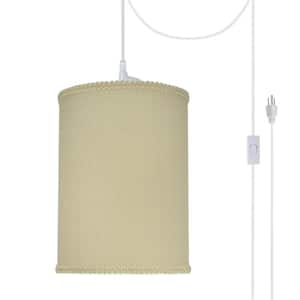 1-Light White Plug-in Swag Pendant with Yellowish Brown Hardback Drum Fabric Shade
