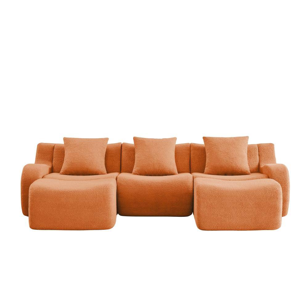 U-shaped Teddy Fabric Curved Armrest 3-piece Modular Sectional Sofa with Anti-Slip Base in Orange