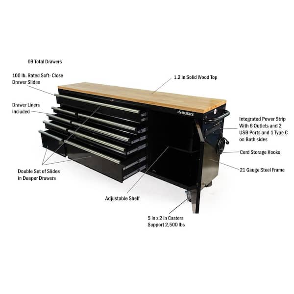 Husky 84 in. W x 18 in. D 9-Drawer Mobile Workbench with Husky 84 in. W x 18 in. D 9-Drawer Mobile Workbench with