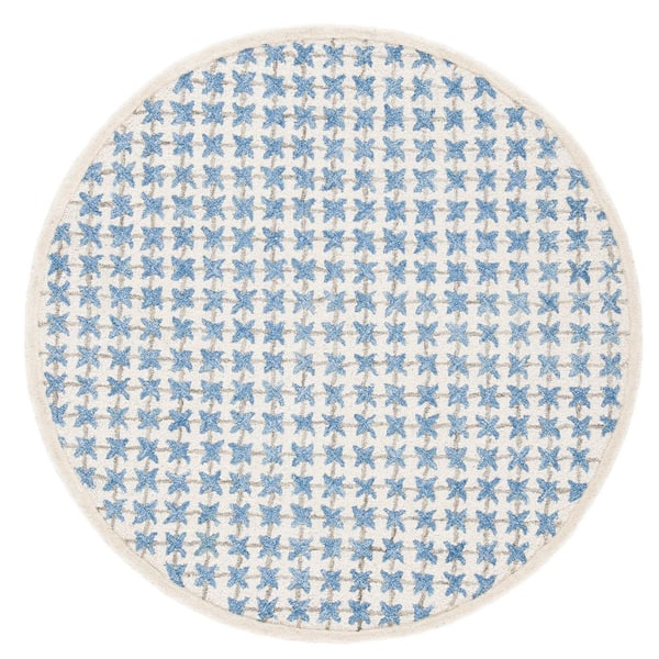Novelty 5 ft. x 5 ft. Ivory/Blue Crosstitch Round Area Rug