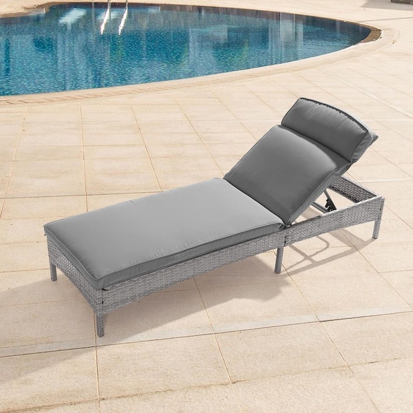 JOYESERY Wicker Outdoor Adjustable Height Chaise Recliner Chair with Gray Cushions