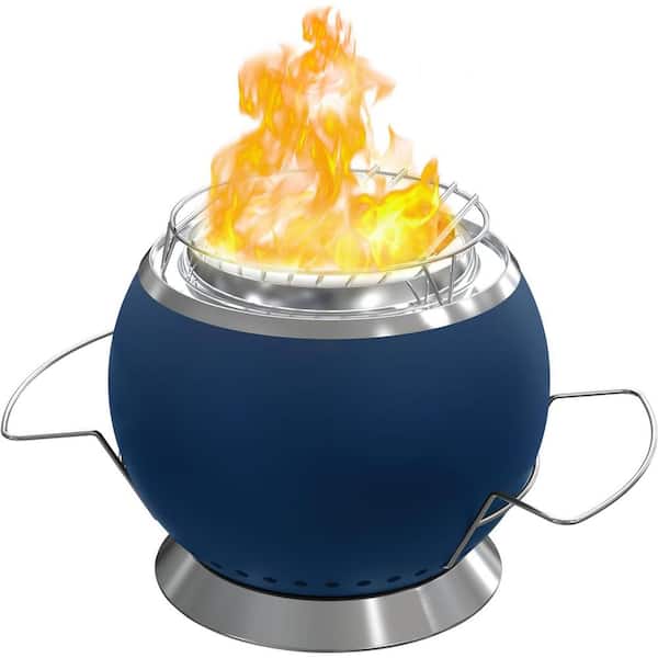 OUPES 10 in. W x 8.8 in. H Outdoor Wood Burning Mini Tabletop Fire Pit with Grilltop and Carry Bag in Blue
