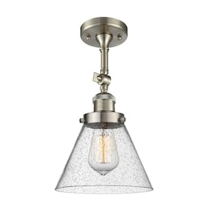 Franklin Restoration Cone 7.75 in. 1-Light Brushed Satin Nickel Semi-Flush Mount with Seedy Glass Shade