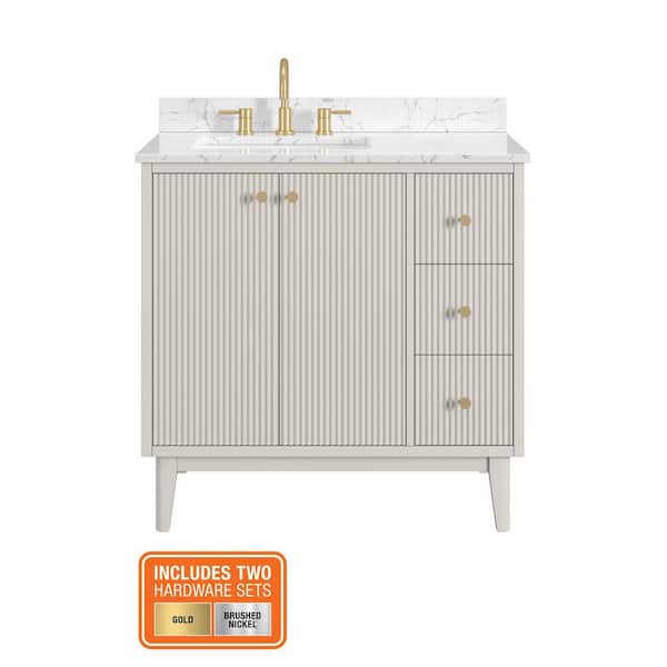 Sylvie 36 in. Single Sink Fluted Dove Bathroom Vanity with Volakas Engineered Stone Top (Assembled)