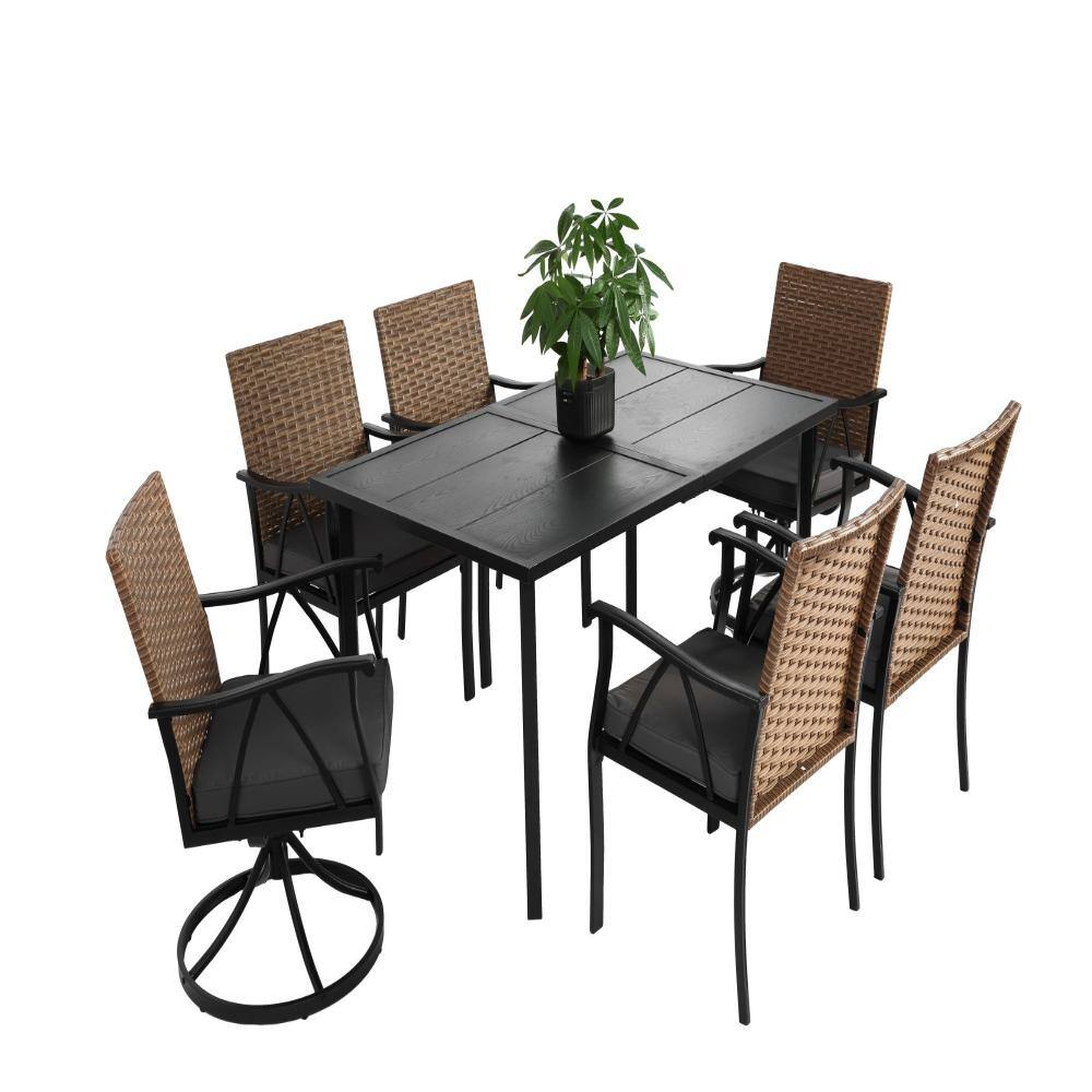 7-piece outdoor dining set with a black table and six wicker-back chairs on a white background.