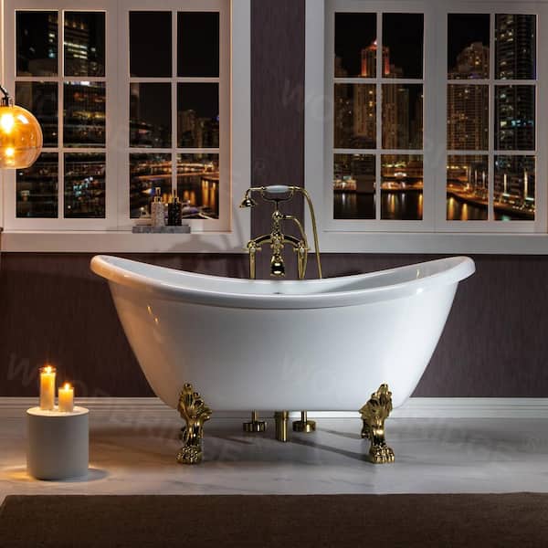 WOODBRIDGE Seattle 59 in. Heavy Duty Acrylic Slipper Clawfoot Bath Tub in White, Claw Feet, Drain & Overflow in Polished Gold