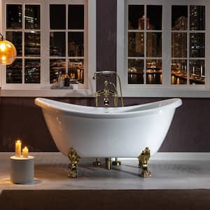 Eurek 59" Heavy Duty Acrylic Double Slipper Clawfoot Bath Tub in White,Claw Feet,Drain and Overflow in Polished Gold