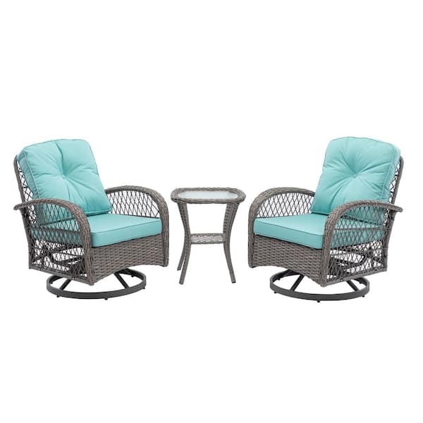 Misopily 3-Pieces Metal Outdoor Rocking Chair with All-Weather Wicker Tempered Glass Table and 360-Degree Swivel in Cyan Cushions