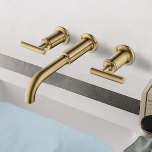 2-Handle Brass Bathroom Wall-Mount Faucet Three Hole in Brushed Gold