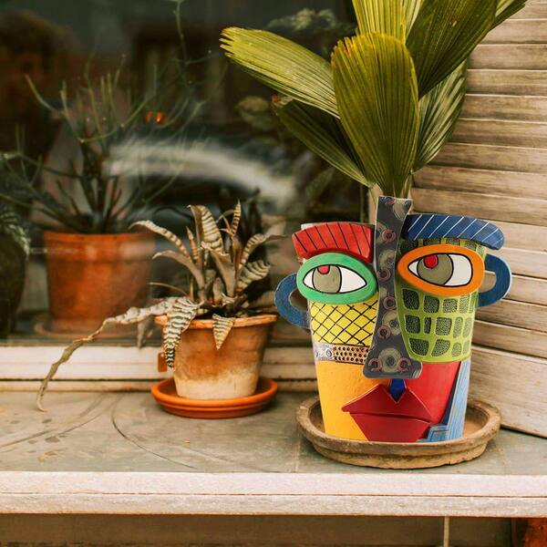 OGETFUUR 5.9 in. D x 7.1 in. W x 7.3 in. H Plastic Abstract Face Planters Pots Head, Funny Face Flower Pot for Outdoor, Blue