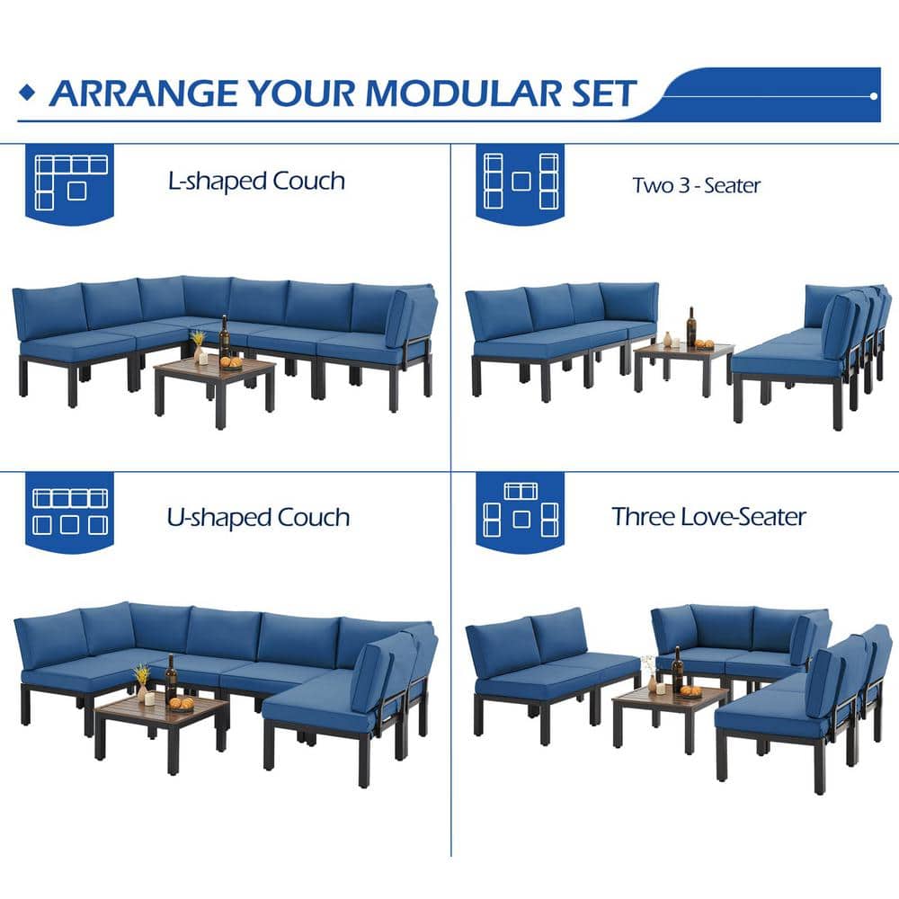 AECOJOY Black 7-Piece Metal Patio Sectional Conversation Set with Blue Cushions - 2