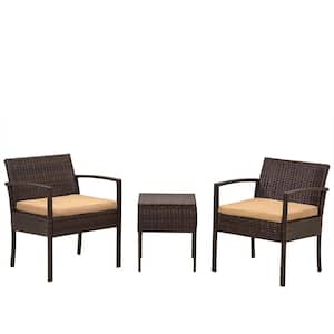Brown 3-Piece Wicker Outdoor Bistro Set with Brown Cushions, All-Weather Conversation Set