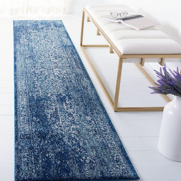 Evoke Navy/Ivory 2 ft. x 21 ft. Distressed Border Medallion Runner Rug