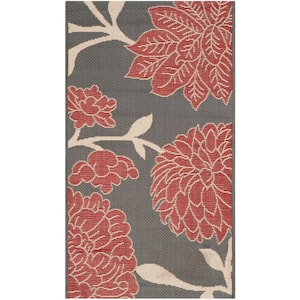 Courtyard Anthracite/Red Doormat 2 ft. x 4 ft. Floral Indoor/Outdoor Patio Area Rug