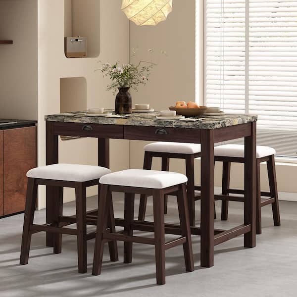 Harper & Bright Designs 5-Piece Walnut Wood Top Bar Table Set with 4-Stools, 2 Storage Drawers