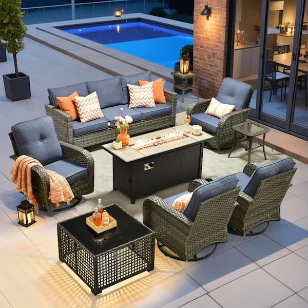 Onyx 9 Pieces Wicker Outdoor Patio Rectangular Fire Pit Set and Swivel Rocking Chairs with Denim Blue Cushions