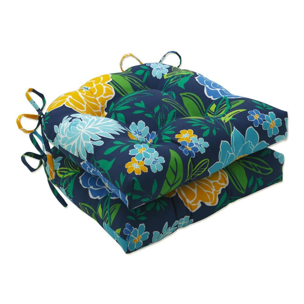 Floral Blue and Yellow Tufted Polyester Chair Pads, Set of 2