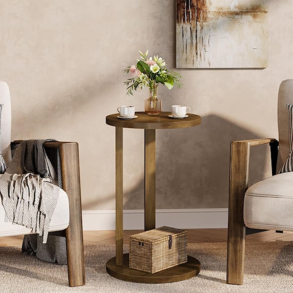 BYBLIGHT Kerlin 16 in. Round Light Walnut 2-Tier End Table with Solid Wood Legs,Farmhouse Nightstand for Living Room Bedroom 2pcs