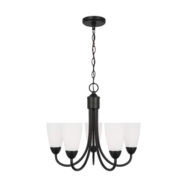 Seville 21 in. 5-Light Midnight Black Transitional Modern Hanging Chandelier with Etched White Glass Shades